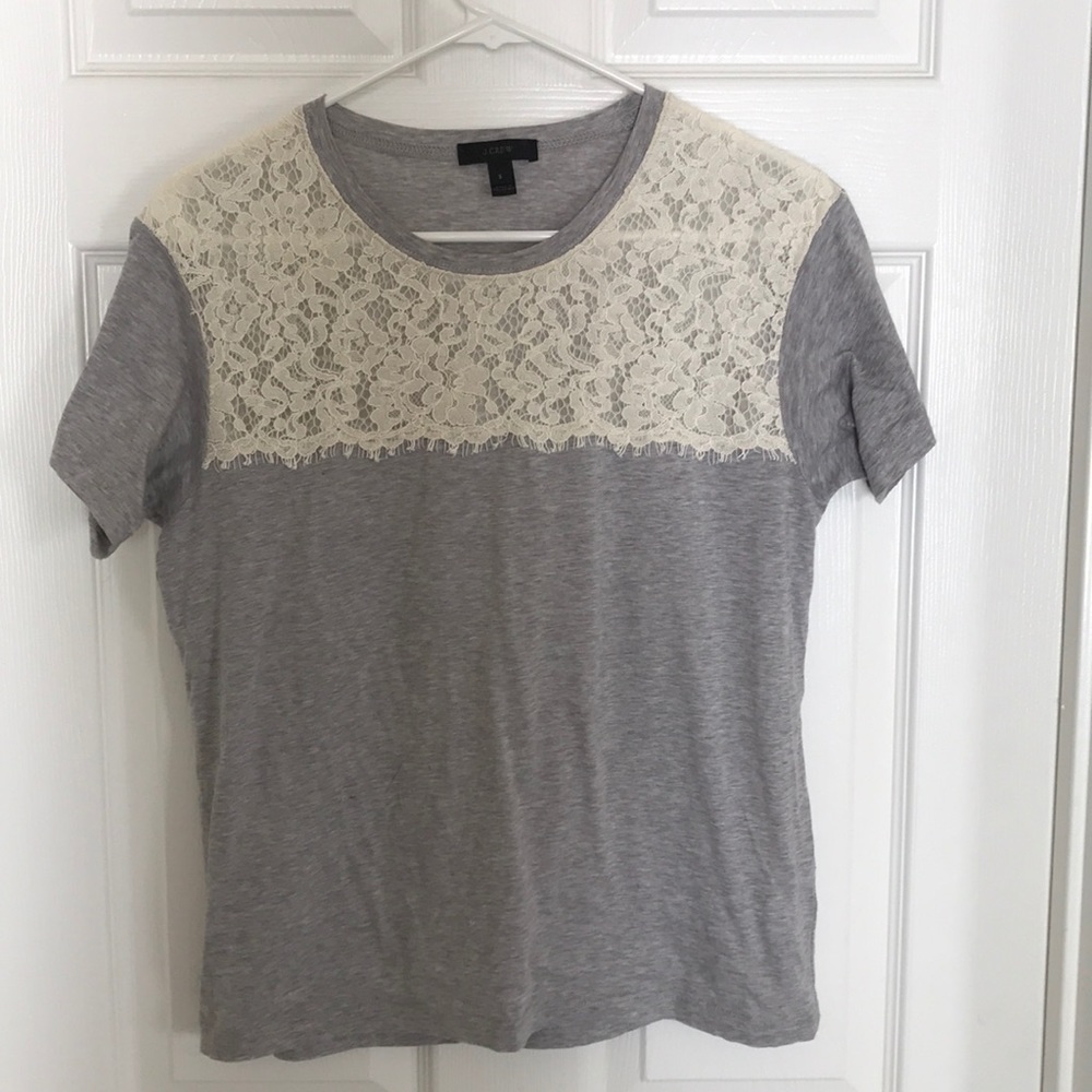 J Crew Grey T-shirt with Cream Lace Detail